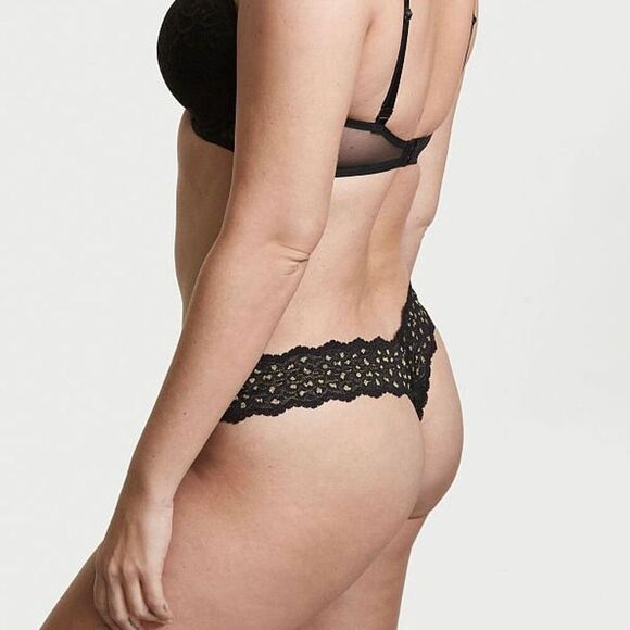 NWT (XXL) Victoria’s Secret Sparkly Black Lace Thong Panty Gold Shimmer Animal P - Picture 3 of 6